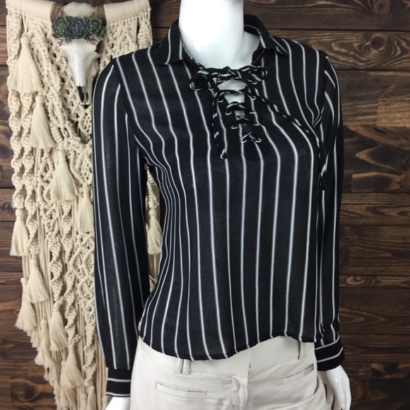 Paper Crane Tops - Paper Crane | Striped Lace Up Sheer‎ Blouse Black White